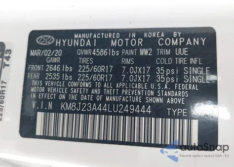 2020 Hyundai Tucson Se z USA, uszkodzony, nr VIN KM8J23A44LU249444